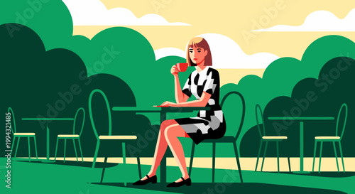 Woman enjoying coffee at an outdoor cafe surrounded by lush greenery and trees on a sunny day
