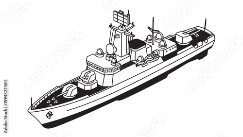 Detailed illustration of a large naval warship with various equipment and structures on deck.