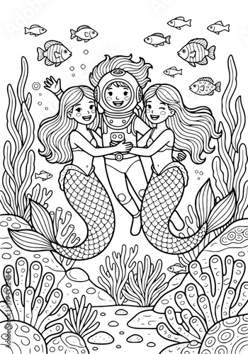 A girl scuba diver is friends with mermaids coloring page