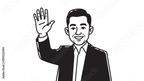 Smiling man in formal attire waving with hand raised in greeting or farewell.