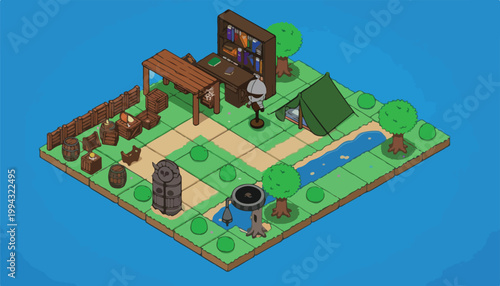 Isometric medieval fantasy game assets, 2D vector RPG map elements, knight camp with tent and blacksmith workshop, adventure game level design
