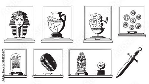 Collection of Egyptian-themed artifacts including a pharaoh mask, ancient pottery, and hieroglyphic inscriptions displayed in a museum setting.