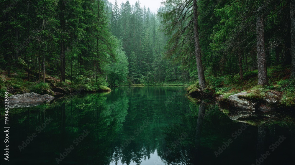 Obraz premium Tranquil Forest Lake Surrounded by Lush Greenery and Misty Reflections in a Serene Natural Environment