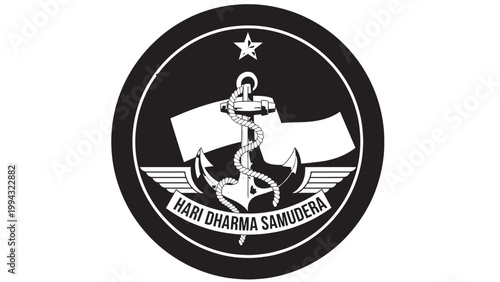 Black and white emblem featuring a ship with a star above it and a banner below, symbolizing maritime or naval themes.