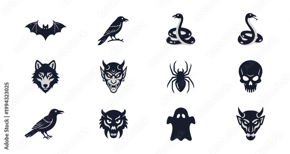 Fototapeta premium Set of dark fantasy creatures vector illustrations on black background