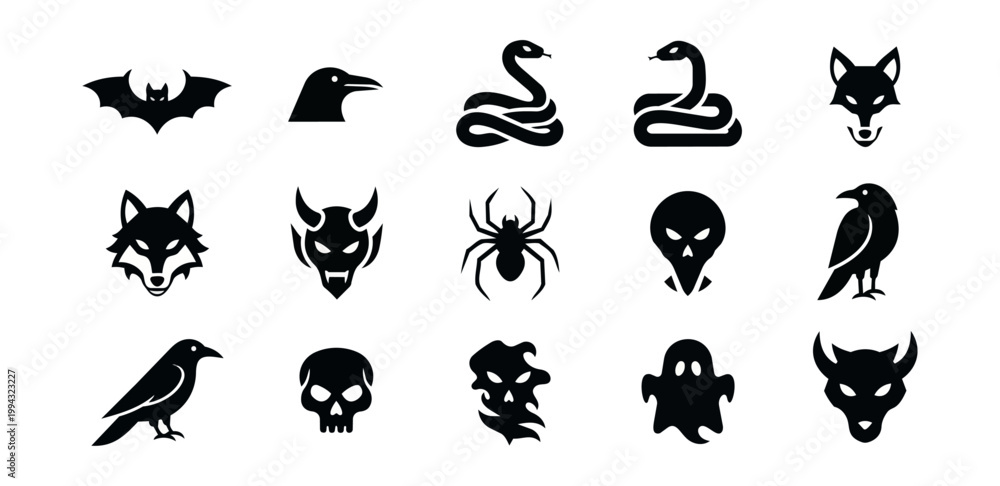 Fototapeta premium Silhouetted creatures and symbols on black backgrounds