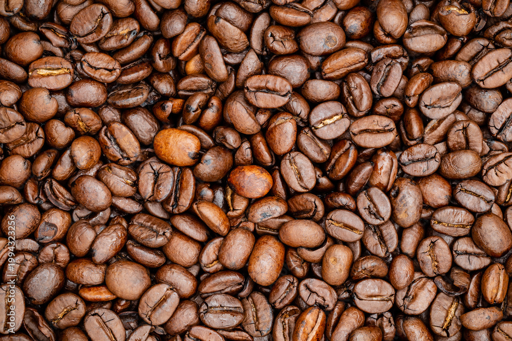 Fototapeta premium Fresh coffee beans in close-up showing different shapes and sizes on a wooden surface ready for brewing