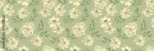 Seamless pattern with textured cream flowers and green leaves on a muted olive background. Natural, vintage style floral design perfect for textiles, wallpapers, packaging, and eco branding
