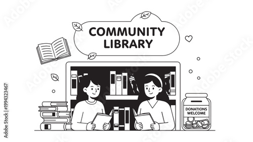 Two women engaging in a conversation during a community library event with bookshelves and digital devices.