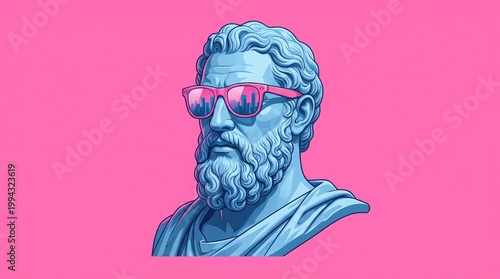 A classical marble bust in cool blue tones is humorously modernized with bright pink sunglasses reflecting a city skyline, set against a vivid pink background.