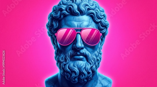 A classical marble bust in cool blue tones, humorously modernized with bright pink reflective sunglasses against a vivid pink backdrop.
