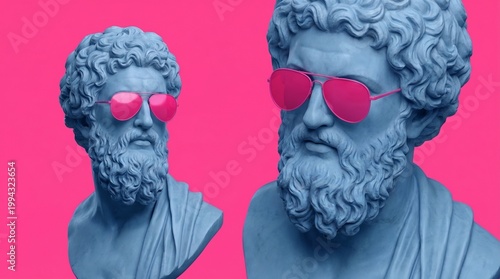 Two classical marble busts in matte blue wear bright pink reflective sunglasses against a vivid pink backdrop, blending ancient art with playful pop culture.
