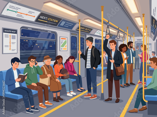 Commuters travel on a busy subway car during rush hour in a city.