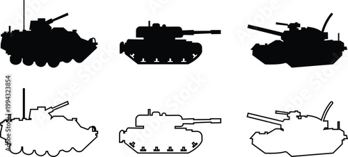 Tank armored vehicle military icon set collection group in black flat and line style featuring panzer, armor, war machine, combat vehicle synonym elements for army, defense and battlefield design use