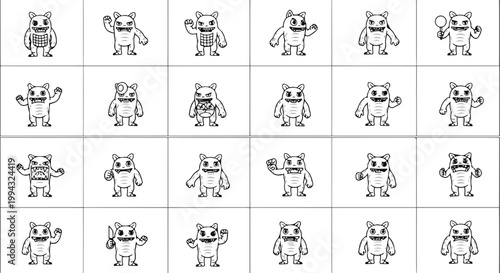 Cute monster character icons set, 24 funny creature mascot poses in line art style, black and white cartoon monster vector collection for kids
