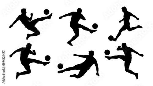 Vector illustration of soccer players kicking a ball in various dynamic poses with illustration