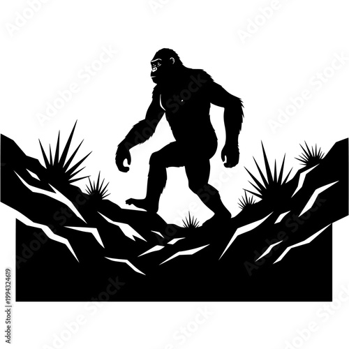 Ancient primate navigating rugged prehistoric terrain with caution