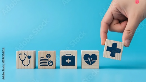 Health Insurance Concept with Medical and Financial Icons on Wooden Blocks