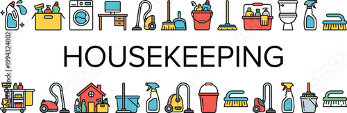 Housekeeping cleaning icons set with household supplies equipment tools and domestic maintenance elements colorful vector illustration