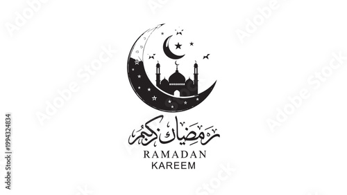 Ramadan Kareem Celebration with Crescent Moon and Mosque Silhouette.