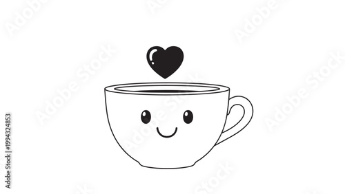 Cute Cartoon Coffee Cup with Heart and Smiling Face Illustration.