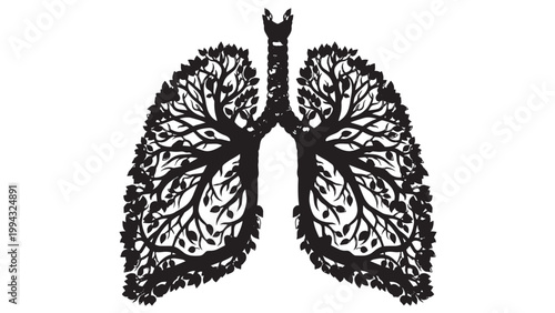 Detailed Illustration of Human Lungs with Anatomical Structure and Branching Airways.