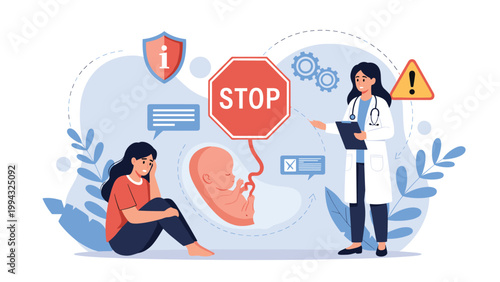Emotional scene showing doctor explaining abortion restriction or pregnancy complications to distressed woman with stop sign over fetus illustration.