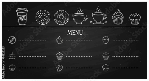 Chalkboard menu board with hand-drawn illustrations of coffee, donuts, and cupcakes for display