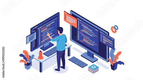 Software developer focuses on programming while standing between two large monitors filled with lines of computer code.