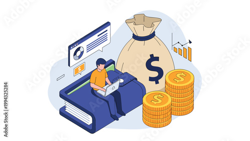 Financial success concept shows a man working on a laptop while sitting on a large wallet next to a money bag.