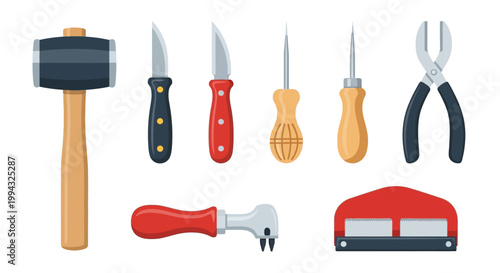 Essential leather craft tools set with mallet, knives, awls, pliers, and skiver.