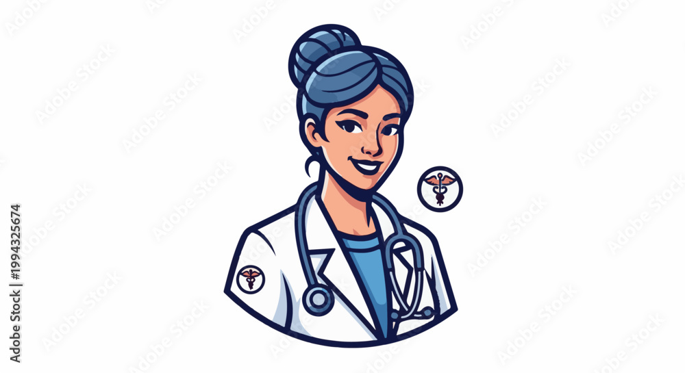 Fototapeta premium Cartoon of a smiling female doctor in a white coat with a stethoscope