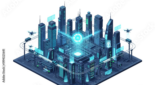Futuristic Smart City with AI Core, Autonomous Transport, and Drones