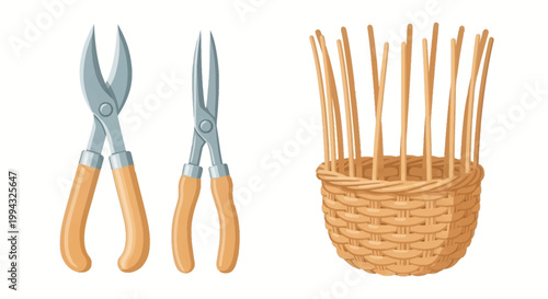 Gardening Tools and Wicker Basket Illustration