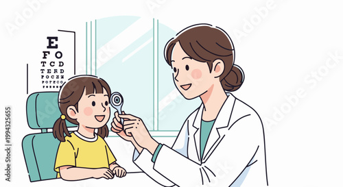 Cartoon of a child having an eye exam with a doctor