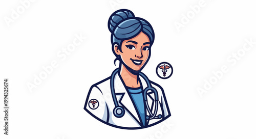 Cartoon of a smiling female doctor in a white coat with a stethoscope