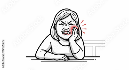Cartoon of a person grimacing in pain, holding their cheek due to a toothache