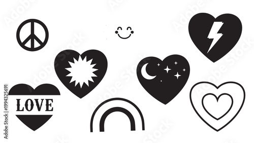 Collection of Black and White Heart Symbols with Peace and Love Themes.