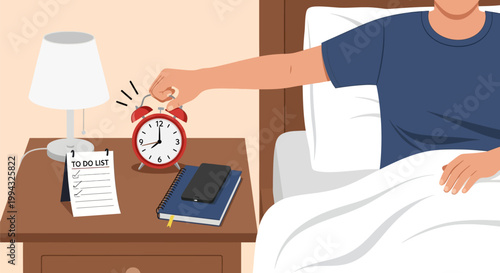 Person Waking Up in Bed Turning Off Red Alarm Clock, Morning Routine and Time Management Concept Illustration