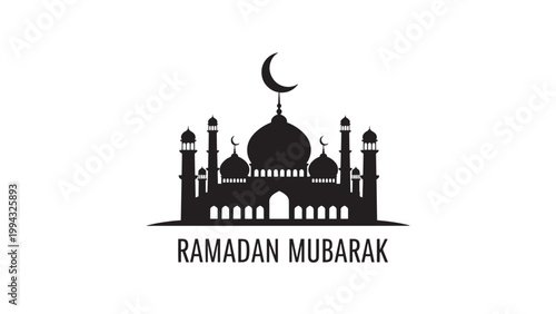 Ramadan Mubarak Greeting with Mosque Silhouette and Crescent Moon.