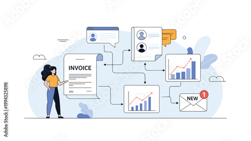 Female accountant manages a digital invoice workflow connected to various financial charts and email notifications.
