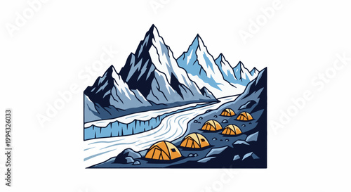 Camping expedition nestled amidst towering, snow-capped peaks beside a winding glacial river