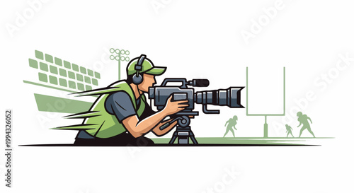 Cameraman recording a sports event with players on a field