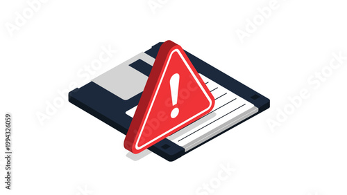Isometric view of a black floppy disk features a prominent red warning triangle with an exclamation mark on top.