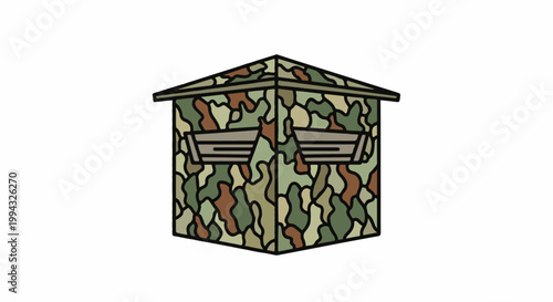 Camouflaged hunting blind with angled windows for observation