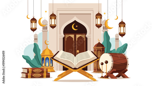 Islamic holy book Quran on a wooden stand sits before a grand mosque entrance under glowing lanterns and crescent moon.