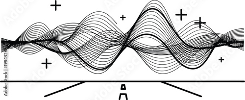 Abstract visualization of sound waves and data streams with graphical elements and measurement markers