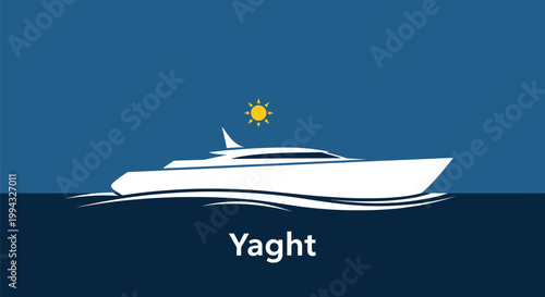 A sleek white yacht cruises through calm blue waters under a bright yellow sun representing luxury and leisure travel.