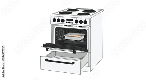 A white electric cooker with four hob rings and an open oven containing a baking tray