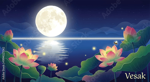 Buddhist Vesak, lotus flowers, full moon, serene night, peaceful water scene, spiritual vector illustration